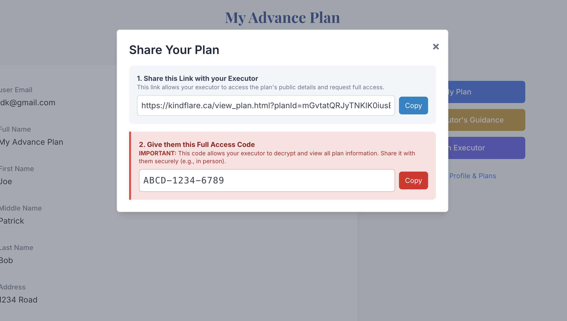 A mockup of the KindFlare Advance Plan tool.